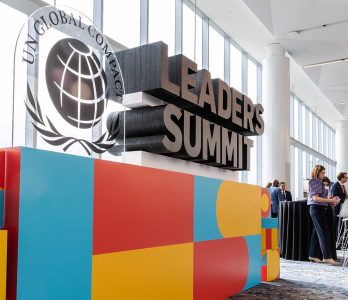 Leadership Summit event, UN Global Compact 2024, interior glass building, New York - UNGA