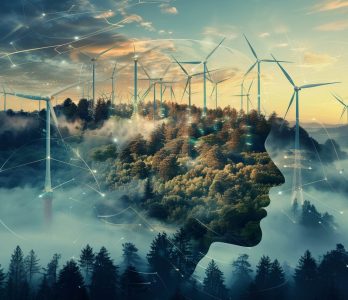 Artificial intelligence-generated image: in the background is a cloud-covered landscape of trees and hills overlaid with stylized wind turbines, Grid pylons and digital connections.