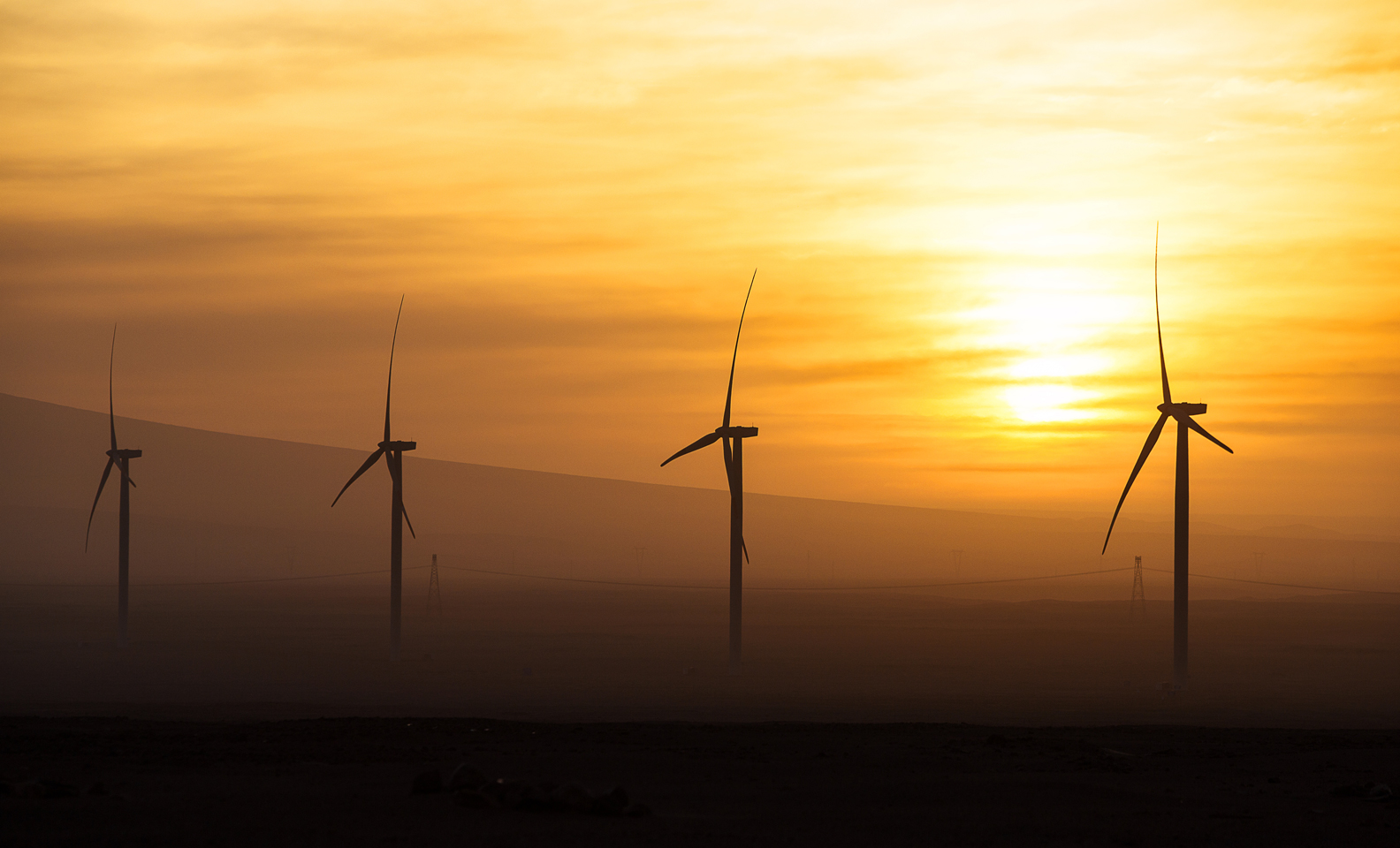 The Wayra wind farm in Peru at sunset