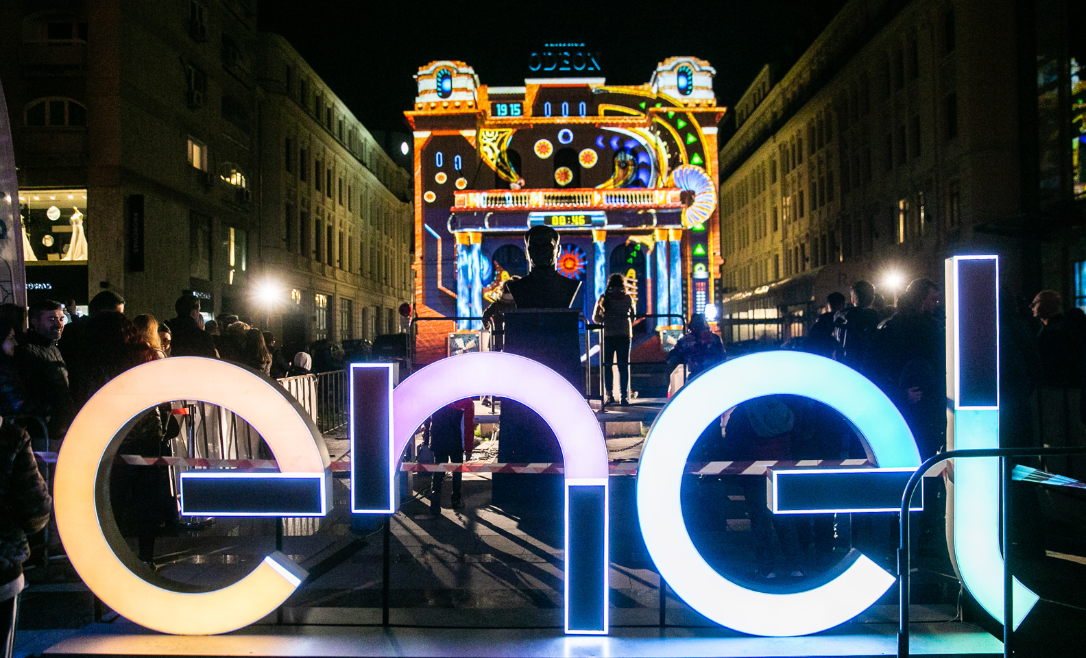 Installation with illuminated Enel logo